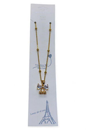 Altın Renk Kalp Fiyonk Model Top Zincir Çelik Kolye- 3710