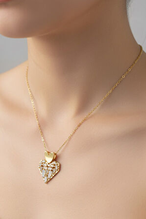 Altın Renk Sallantılı Kalp Baget Model Top Zincir Çelik Kolye- 3711