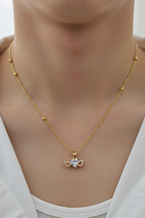 Altın Renk Beyaz Kalp Taş Kalp Model Top Zincir Çelik Kolye- 3713