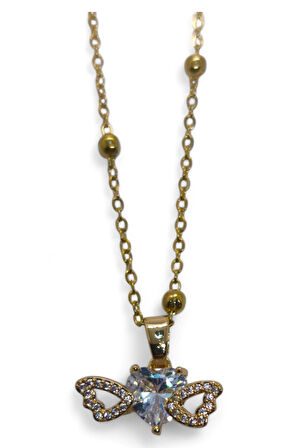 Altın Renk Beyaz Kalp Taş Kalp Model Top Zincir Çelik Kolye- 3713