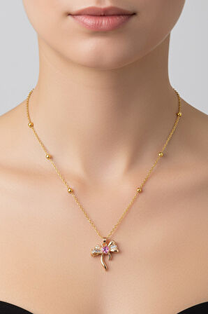 Altın Renk Pembe Taş Fiyonk  Model Top Zincir Çelik Kolye- 3714