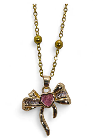 Altın Renk Pembe Taş Fiyonk  Model Top Zincir Çelik Kolye- 3714
