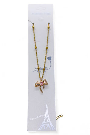 Altın Renk Pembe Taş Fiyonk  Model Top Zincir Çelik Kolye- 3714