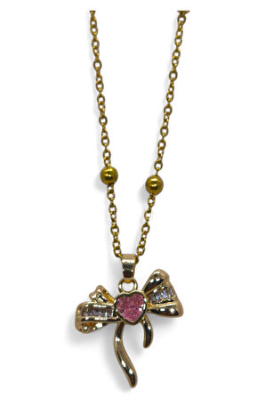 Altın Renk Pembe Taş Fiyonk  Model Top Zincir Çelik Kolye- 3714