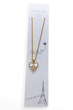 Altın Renk Beyaz Sedef Kalp Kutup Yıldızı Model Sf Zincir Çelik Kolye- 3715