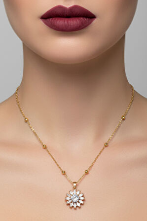 Altın Renk Yuvarlak Mekik Taşlı Model Top Zincir Çelik Kolye- 3716