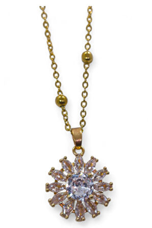 Altın Renk Yuvarlak Mekik Taşlı Model Top Zincir Çelik Kolye- 3716