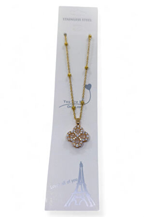 Altın Renk Yuvarlak Mekik Taşlı Model Top Zincir Çelik Kolye- 3716