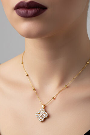 Altın Renk Beyaz Taş Van Cleff Yonca Damla Taşlı Model Top Zincir Çelik Kolye- 3717