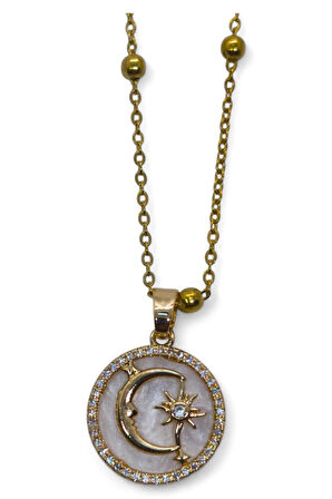 Altın Renk Beyaz Mineli Ay Yıldız Model Top Zincir Çelik Kolye- 3720