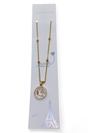 Altın Renk Beyaz Mineli Ay Yıldız Model Top Zincir Çelik Kolye- 3720