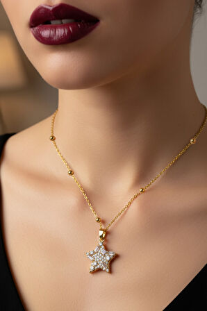 Altın Renk Yıldız Model Top Zincir Çelik Kolye - 3722