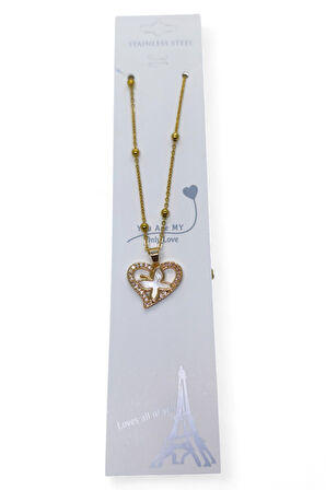 Altın Renk Beyaz Sedef Kalp Kelebek Model Top Zincir Çelik Kolye- 3725