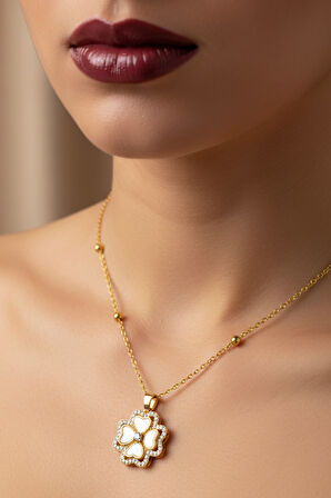 Altın Renk Beyaz Sedef Van Cleef Yonca Model Top Zincir Çelik Kolye- 3726