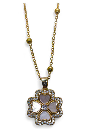 Altın Renk Beyaz Sedef Van Cleef Yonca Model Top Zincir Çelik Kolye- 3726
