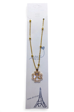 Altın Renk Beyaz Sedef Van Cleef Yonca Model Top Zincir Çelik Kolye- 3726