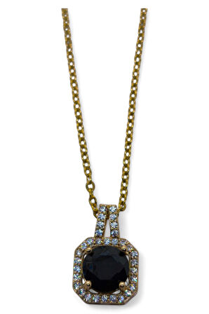 Altın Renk Kare Siyah Taş Sf Zincir Çelik Kolye - 3741