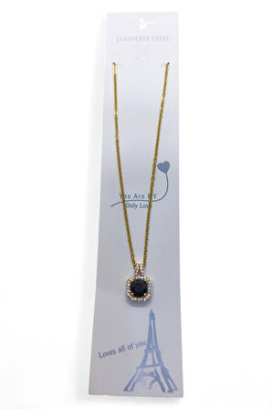 Altın Renk Kare Siyah Taş Sf Zincir Çelik Kolye - 3741