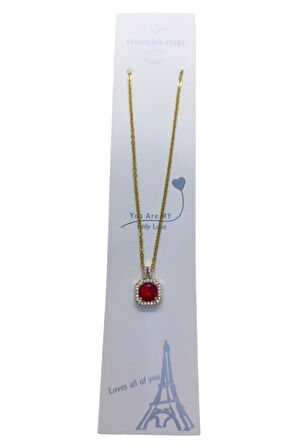 Altın Renk Kare Bordo Taş Sf Zincir Çelik Kolye - 3742