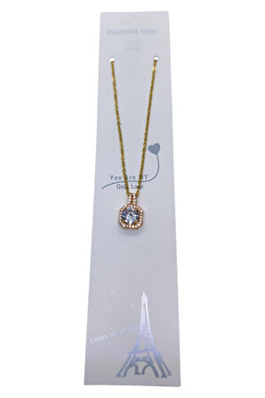 Altın Renk Kare Beyaz Taş Sf Zincir Çelik Kolye - 3743