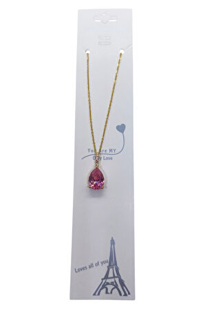 Altın Renk Sıra Taşlı Pembe Damla Model  Sf  Zincir Çelik Kolye - 3746