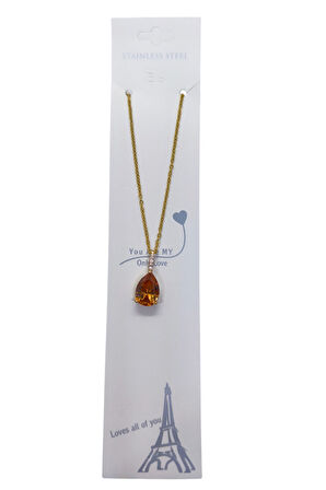 Altın Renk Sıra Taşlı Amber  Damla Model  Sf  Zincir Çelik Kolye - 3747