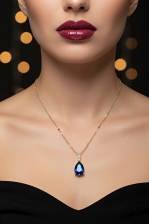 Altın Renk Sıra Taşlı Lacivert Damla Model  Sf  Zincir Çelik Kolye - 3748