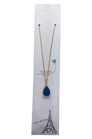 Altın Renk Sıra Taşlı Lacivert Damla Model  Sf  Zincir Çelik Kolye - 3748
