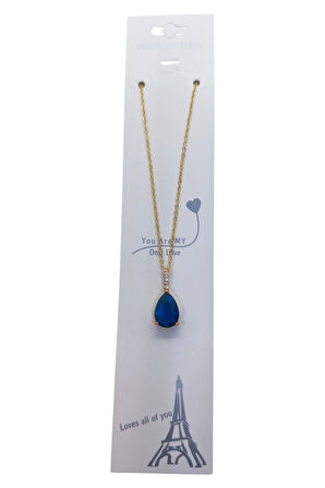Altın Renk Sıra Taşlı Lacivert Damla Model  Sf  Zincir Çelik Kolye - 3748