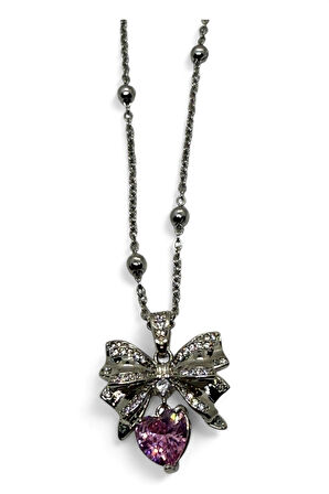 Gümüş Renk Fiyonk Pembe Kalp Model Top Zincir Çelik Kolye- 3765