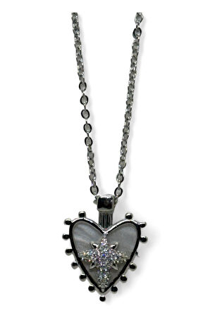 Gümüş Renk Beyaz Sedef Kalp Kutup Yıldızı Model Sf Zincir Çelik Kolye- 3772