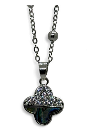 Gümüş Renk Van Cleef Yonca Taşlı Altı Sedef Model Top Zincir Çelik Kolye-  3776