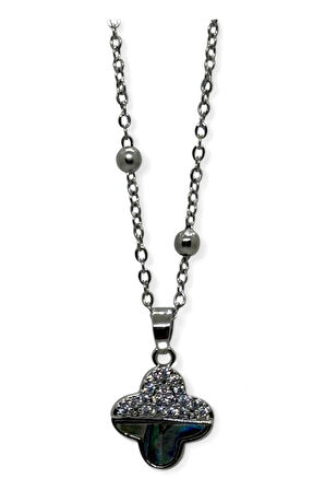 Gümüş Renk Van Cleef Yonca Taşlı Altı Sedef Model Top Zincir Çelik Kolye-  3776