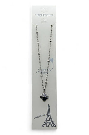 Gümüş Renk Van Cleef Yonca Taşlı Altı Sedef Model Top Zincir Çelik Kolye-  3776
