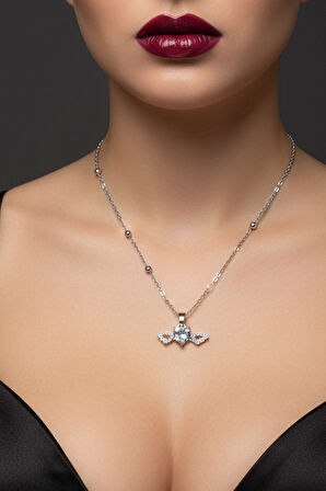 Gümüş Renk Beyaz Kalp Taş Kalp Model Top Zincir Çelik Kolye -  3779