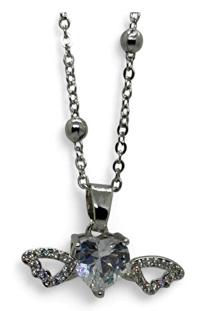 Gümüş Renk Beyaz Kalp Taş Kalp Model Top Zincir Çelik Kolye -  3779