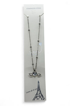 Gümüş Renk Beyaz Kalp Taş Kalp Model Top Zincir Çelik Kolye -  3779