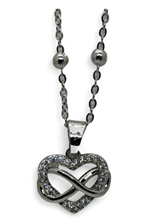 Gümüş Renk Sonsuzluk Kalp Model Top Zincir Çelik Kolye - 3780