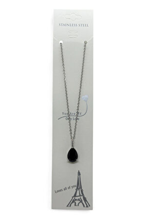 Gümüş Renk Sıra Taşlı Siyah Damla Model Sf Zincir Çelik Kolye - 3781