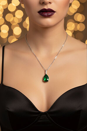 Gümüş Renk Sıra Taşlı Yeşil Damla Model Sf Zincir Çelik Kolye -  3783