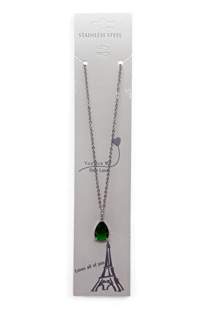 Gümüş Renk Sıra Taşlı Yeşil Damla Model Sf Zincir Çelik Kolye -  3783