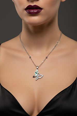 Gümüş Renk Kelebek Sedefli Model Top Zincir Çelik Kolye -  3784