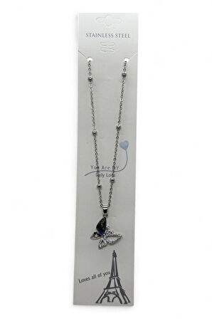 Gümüş Renk Kelebek Sedefli Model Top Zincir Çelik Kolye -  3784