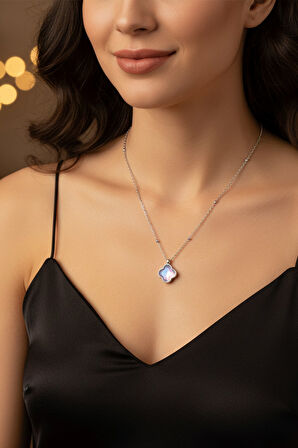 Gümüş Renk Krem Taş Beş Yapraklı Stilize Çiçek Model Top Zincir Çelik Kolye -  3790