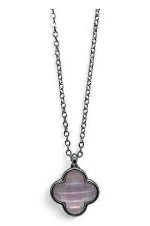 Gümüş Renk Krem Taş Beş Yapraklı Stilize Çiçek Model Top Zincir Çelik Kolye -  3790