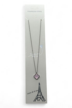 Gümüş Renk Krem Taş Beş Yapraklı Stilize Çiçek Model Top Zincir Çelik Kolye -  3790