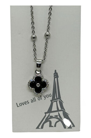 Gümüş Renk Van Cleef  Yonca Siyah Taşlı Model Top Zincir Çelik Kolye -  3802