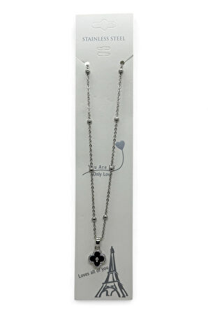 Gümüş Renk Van Cleef  Yonca Siyah Taşlı Model Top Zincir Çelik Kolye -  3802