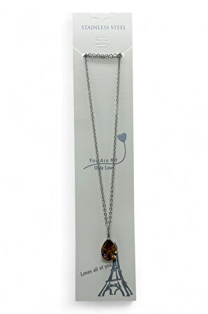 Gümüş Renk Sıra Taşlı Amber Damla Model Sf Zincir Çelik Kolye - 3809