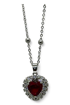 Gümüş  Renk Bordo Taş Kalp Model Top Zincir Çelik Kolye- 3810